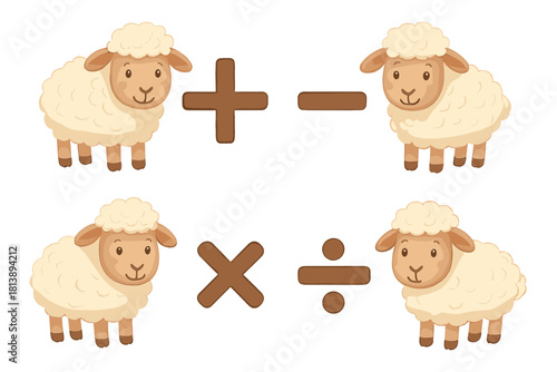 Cute cartoon sheep characters holding basic math operation symbols