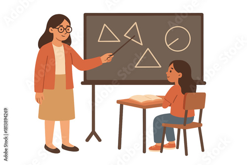 Female teacher explaining geometric shapes on a blackboard to a young student