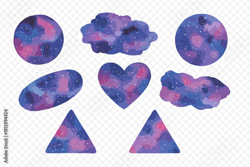 Abstract watercolor galaxy shapes set with cosmic starry night sky texture