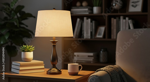 interior of a modern living room with side table lamp