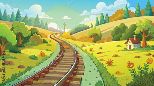 Rail tracks cutting across calm rural farmland scenery vector illustration ai generated art