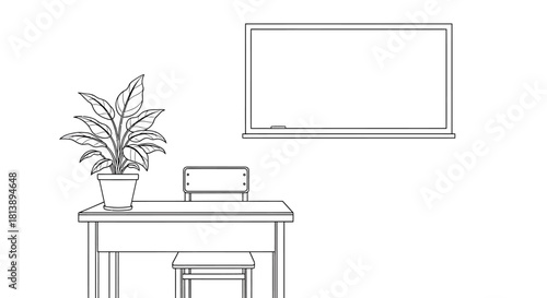 Minimalist line drawing of a school desk chair and blackboard.