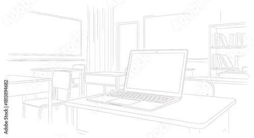 Minimalist line art sketch of an open laptop computer.