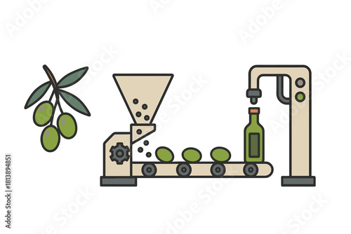 Olive oil manufacturing process stages: crushing, conveyor transport, and bottle filling