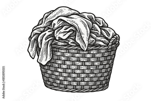 Overflowing woven wicker laundry basket filled with crumpled dirty clothes