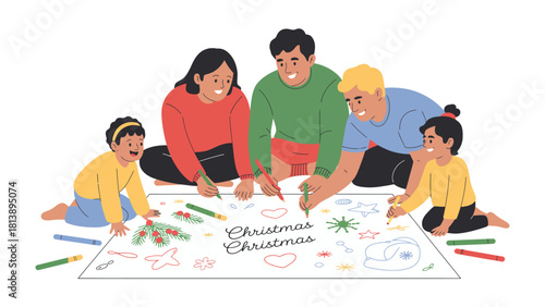 Family's festive art creation: A cheerful family gathering together, engrossed in creating a vibrant artwork during festive season, embracing the joyous spirit of togetherness.