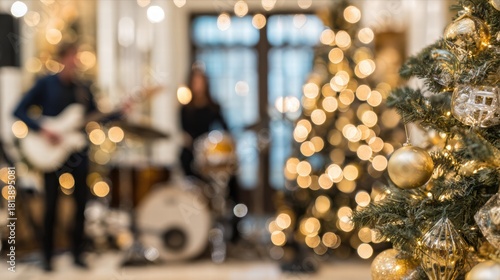 Blurred festive choir singing on a warm glowing stage during a holiday concert.