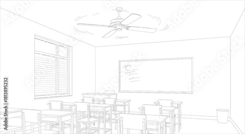 Pencil sketch illustration of a vacant school room interior.
