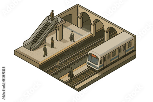 Isometric underground metro station platform with train, escalator, and commuters