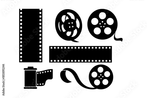 Black silhouette icons of film strips, movie reels, and camera canisters