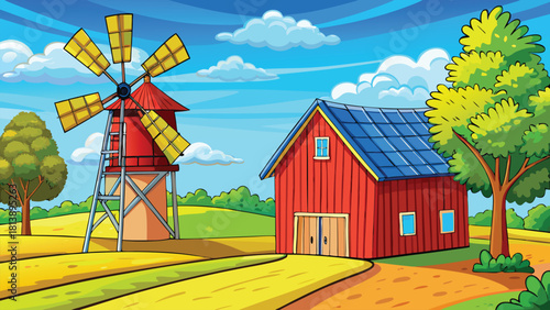 Deep Asian village scene framed by a massive tree at warm sunset vector illustration ai generated art