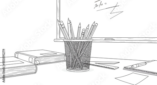 Pencil Holder with Various Writing Utensils on a Desk.