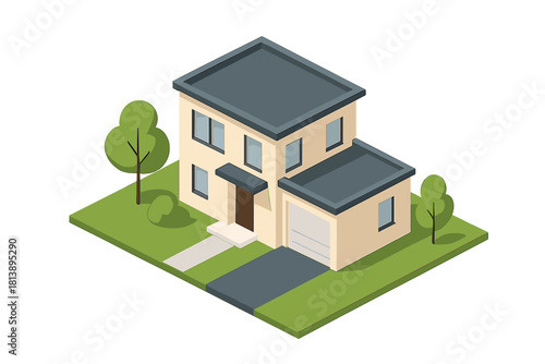 Isometric view of a modern two-story suburban house with a garage and surrounding green lawn