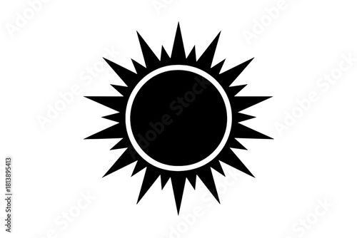 Minimalist black sun symbol with sharp rays and circular center on white background