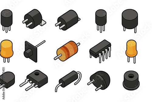 Essential electronic components set with transistors diodes resistors and integrated circuits