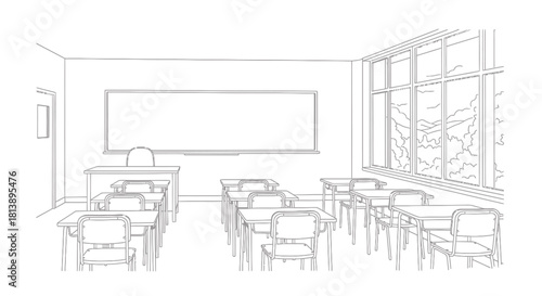 Hand drawn empty classroom with desks and blackboard.