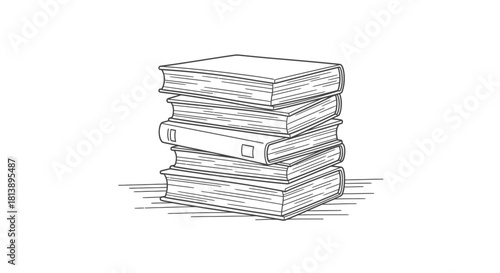 Hand drawn sketch illustration of a tall stack of old books.