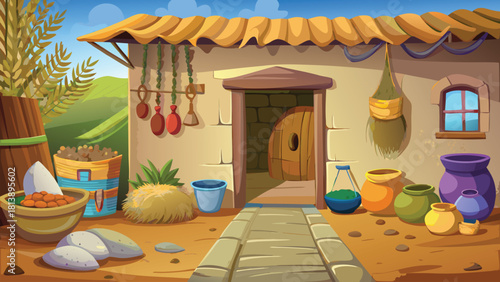 Old-style mud home kitchen with a farmer’s clay stove setup vector illustration ai generated art