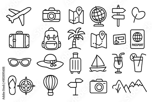 Essential travel and tourism symbols for vacation planning and global adventure
