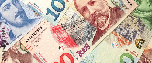 Georgian Lari currency money bills in bunch. GEL currency banknotes with different denomination close up
