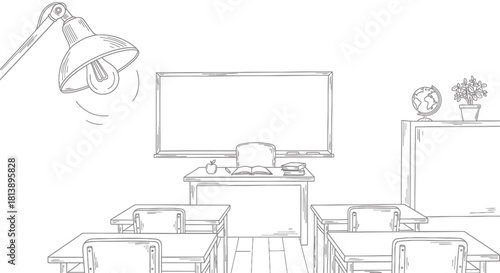 Hand drawn sketch of an empty school classroom interior.