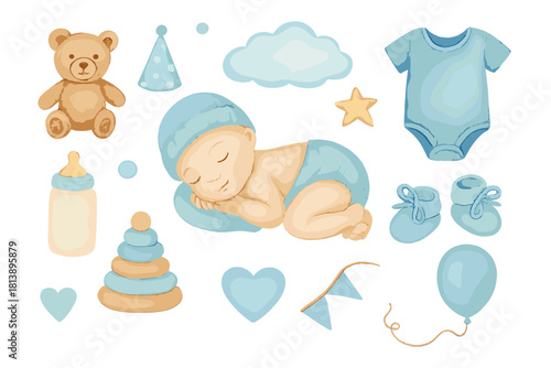 Watercolor collection of newborn baby boy essentials: sleeping infant, teddy bear, clothes, and toys