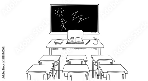 Hand drawn sketch of an empty traditional school classroom.