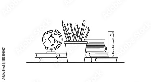 Hand drawn sketch of school supplies with books and globe.