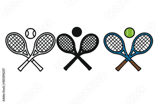 Crossed tennis rackets and ball icon set featuring outline, silhouette, and color variations