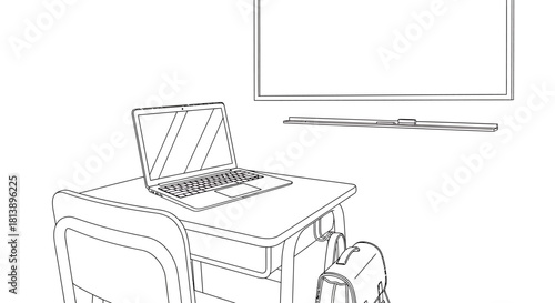 Laptop on desk in classroom setting with school bag.