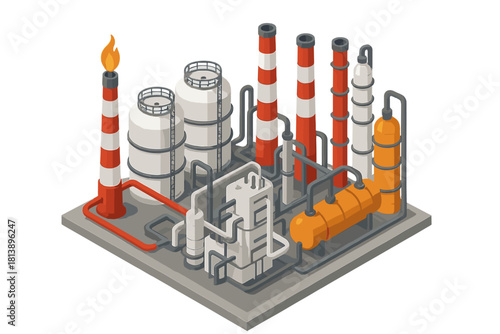 Isometric chemical processing plant or oil refinery facility with storage tanks and piping