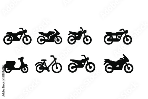Black silhouette collection of various two-wheeled vehicles including motorcycles, scooter, and bicycle