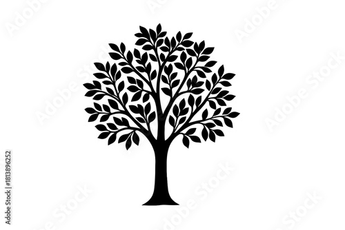 Stylized black silhouette of a lush deciduous tree with dense foliage and branching structure
