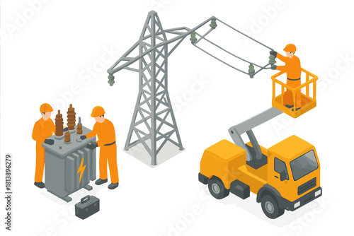 Maintenance workers servicing electrical transformer and power transmission lines using a boom lift truck