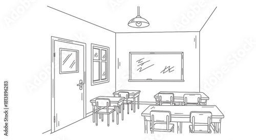 Empty Classroom Interior Sketch with Desks Chairs and Whiteboard.