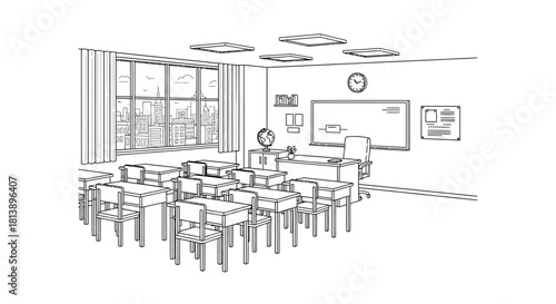 Empty Classroom Interior with Desks and Whiteboard Line Drawing.