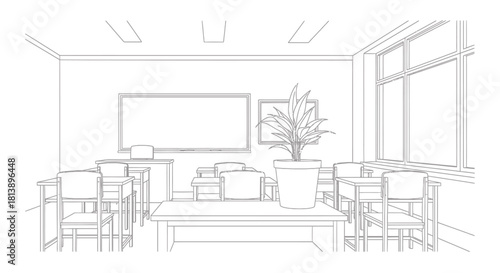 Empty classroom interior with desks, chairs, and a whiteboard, ready for students.