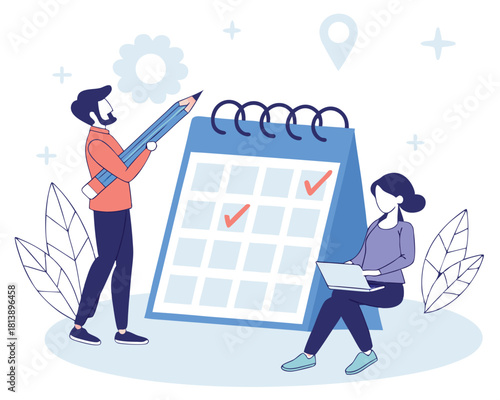 Teamwork and planning illustrated with people working on a calendar and utilizing a laptop on a transparent background.
