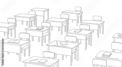 Empty Classroom with Desks and Chairs in a Row.