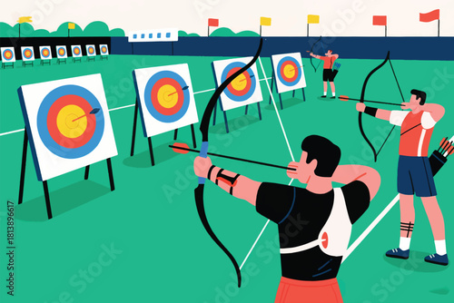 Vector illustration of archery competition outdoors with athletes aiming at colorful targets on grassy field.