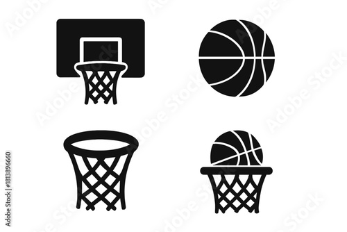 Set of basketball equipment symbols including hoop, backboard, net, and ball