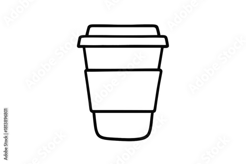 Simple hand drawn outline of a disposable coffee cup with lid and sleeve for hot beverages