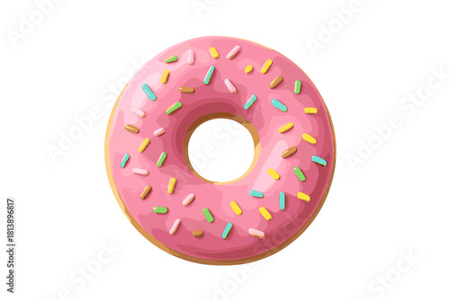 Single appetizing ring donut topped with vibrant pink glaze and rainbow sprinkles