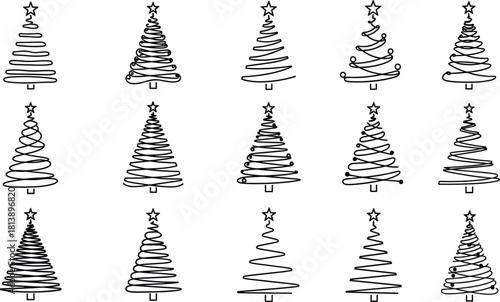 Set of 15 Abstract Christmas Tree Vector Icons, Continuous Line Art Design Collection, Minimalist Xmas Holiday Decoration