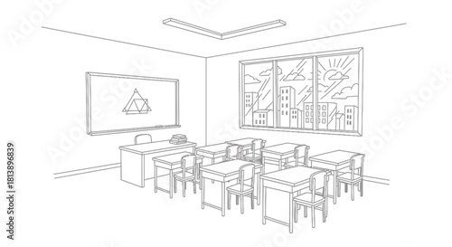 Empty Classroom with Desks and Chairs in a School Setting.