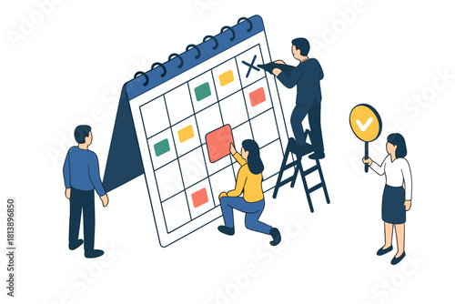 Team collaboration on scheduling and planning tasks using a large desk calendar