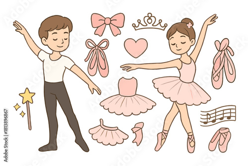 Collection of cute cartoon ballet dancers, pointe shoes, tutu, and tiara accessories