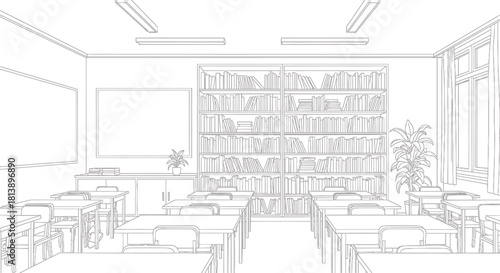 Empty Classroom with Desks and Bookshelves.