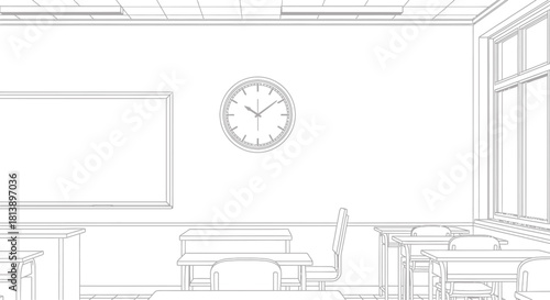 Empty Classroom with Desks and Clock.