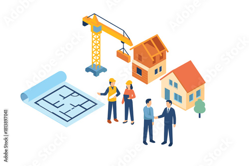 Real estate development project team shaking hands near a construction site blueprint and new building